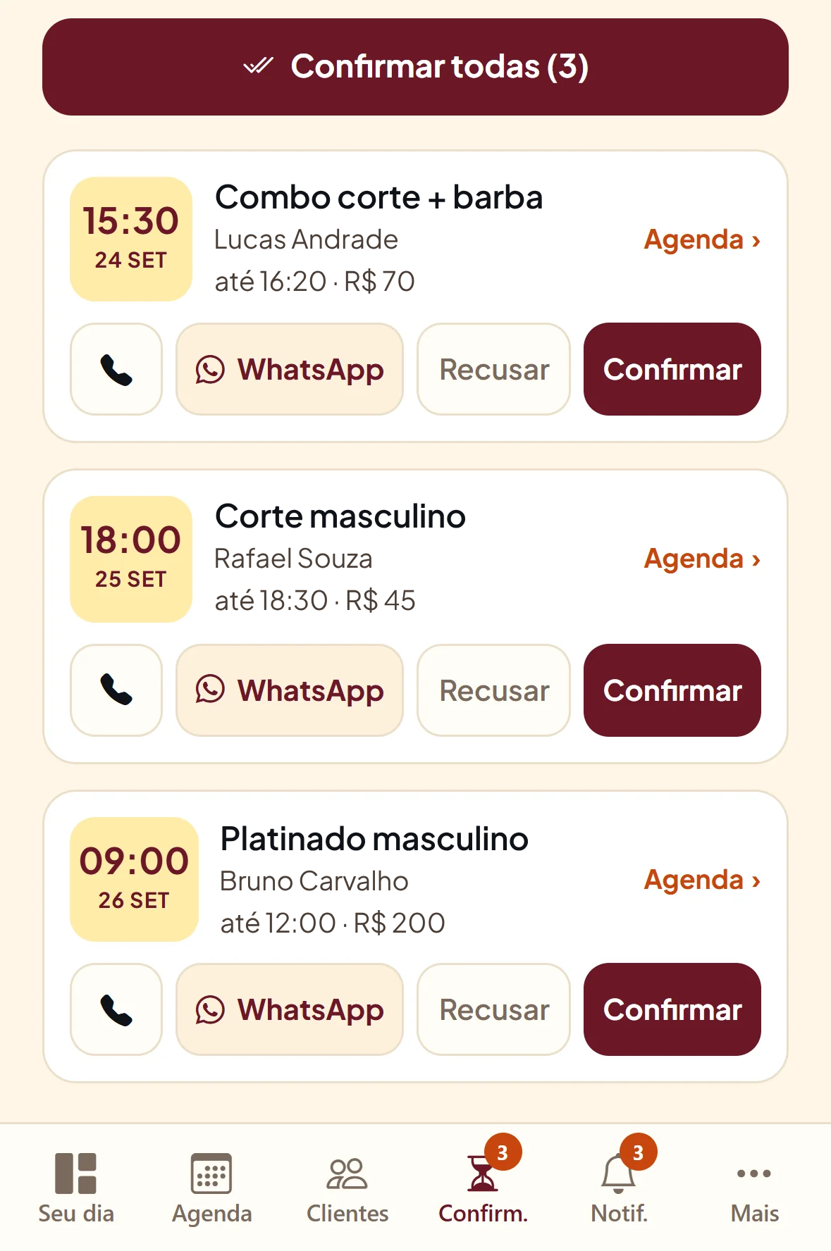 Tela de confirmações da Use Carmen com pedidos de corte e barba esperando aprovação