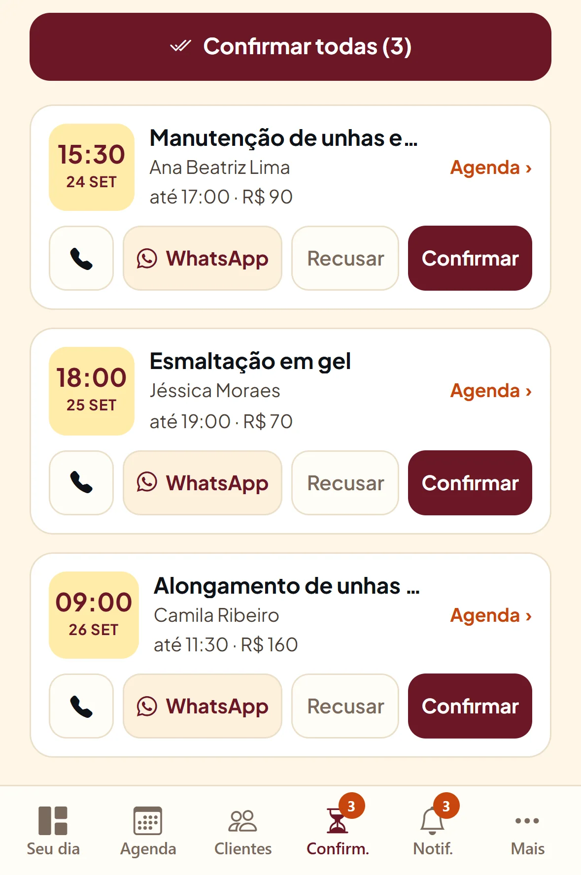 Tela de confirmações da Use Carmen com os agendamentos pendentes e o botão de confirmar todas