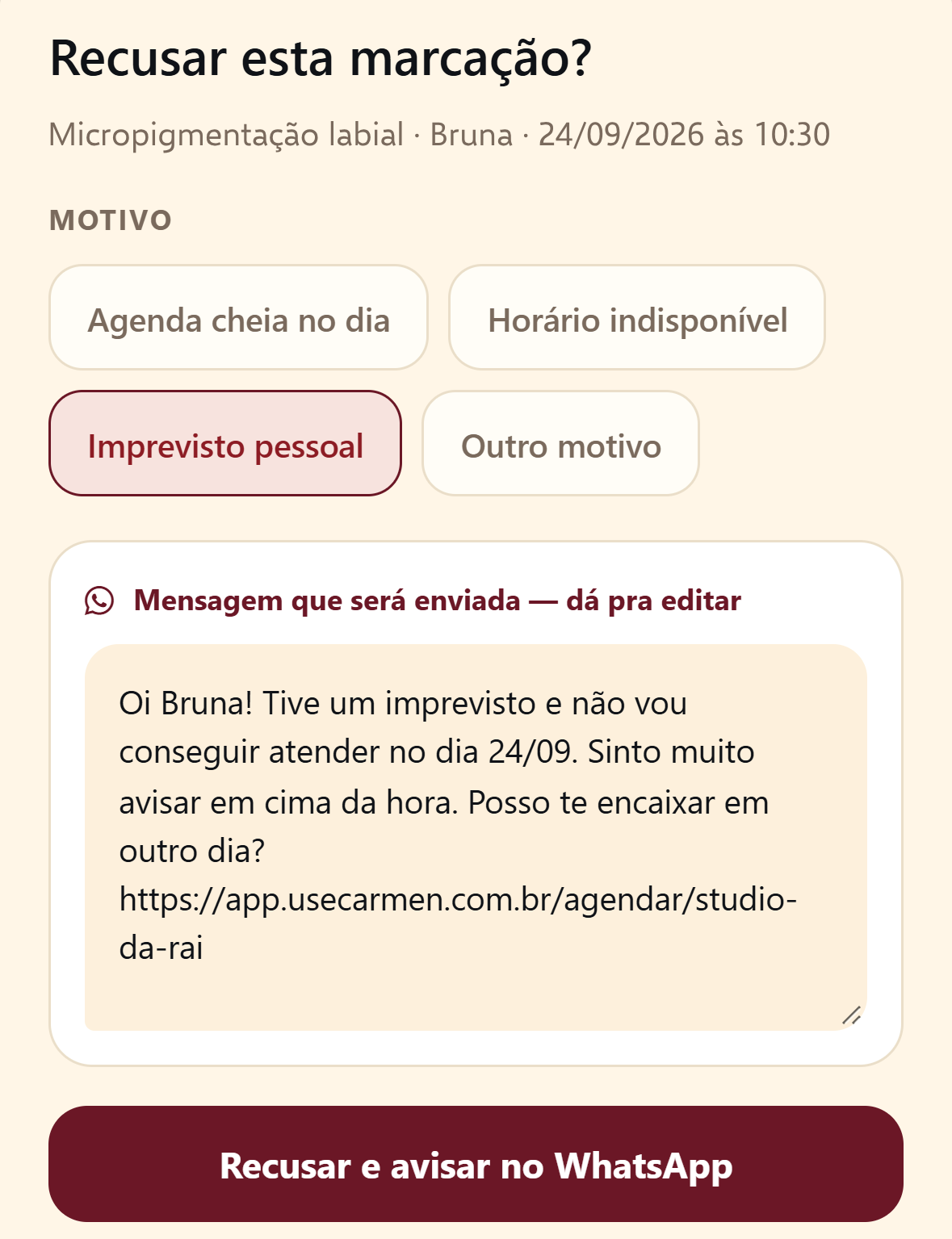 Tela de recusa de um pedido de micropigmentação labial com a mensagem para a cliente já escrita