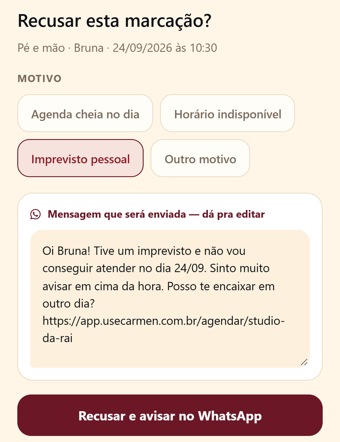 Tela de recusa de um horário com a mensagem de aviso já escrita, pronta para enviar
