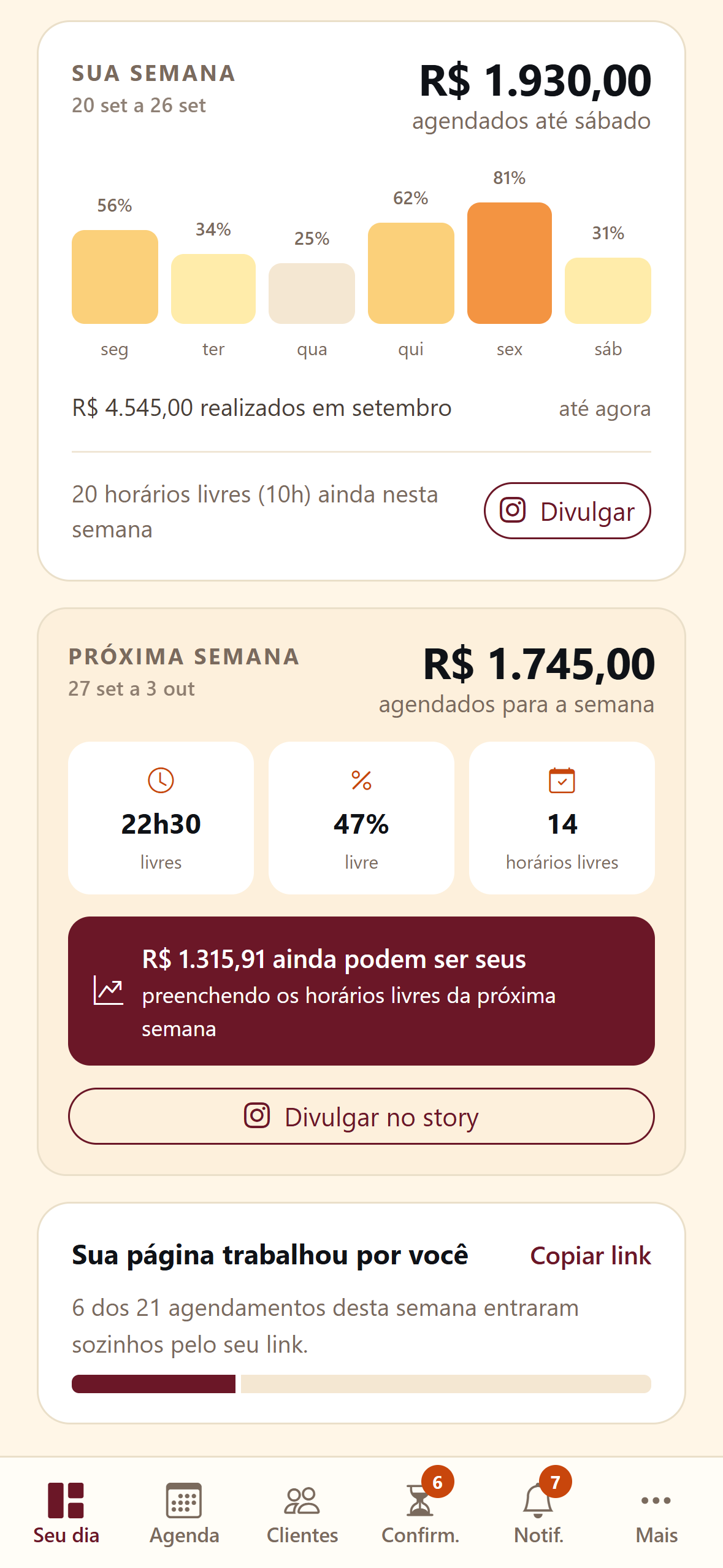Visão da semana na Use Carmen com os dias cheios e os dias vazios lado a lado e o valor já agendado