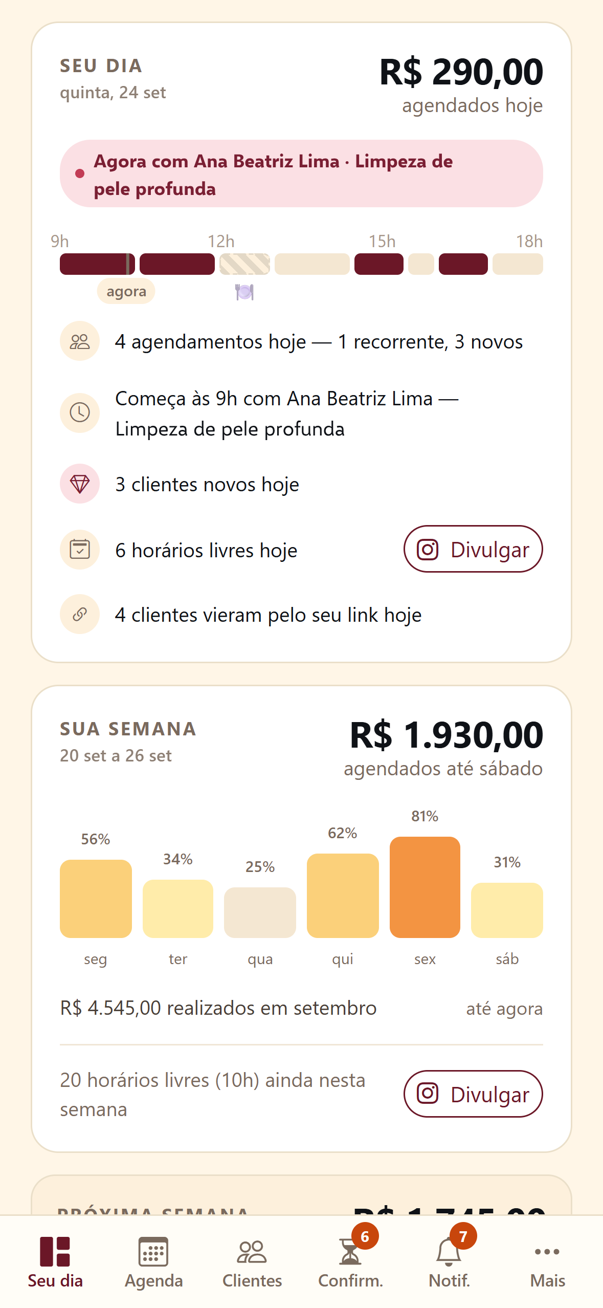 Tela Seu dia da Use Carmen com uma limpeza de pele em andamento e o valor agendado do dia