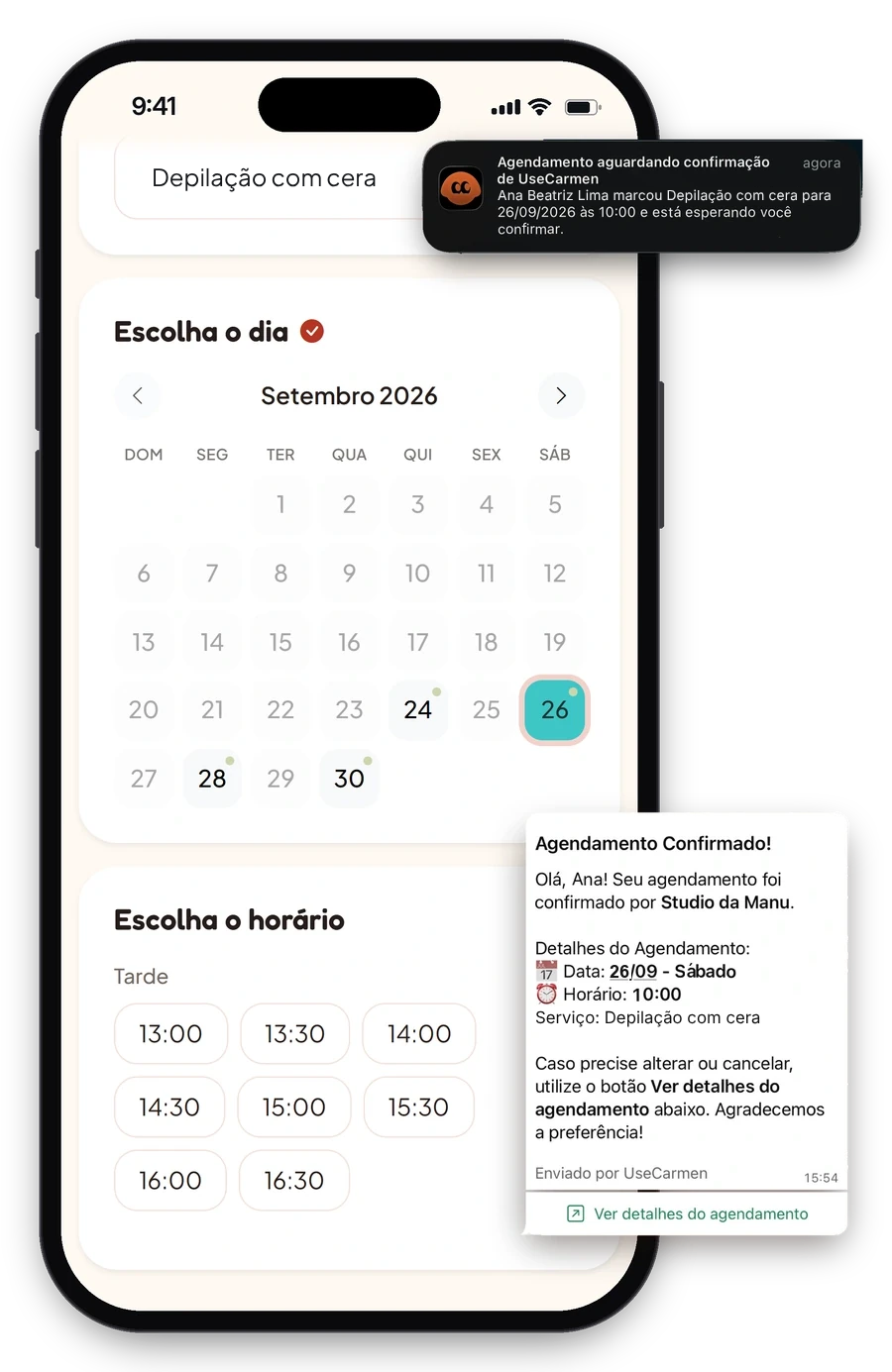 Página de agendamento no celular com depilação com cera, a notificação do novo agendamento e a confirmação no WhatsApp