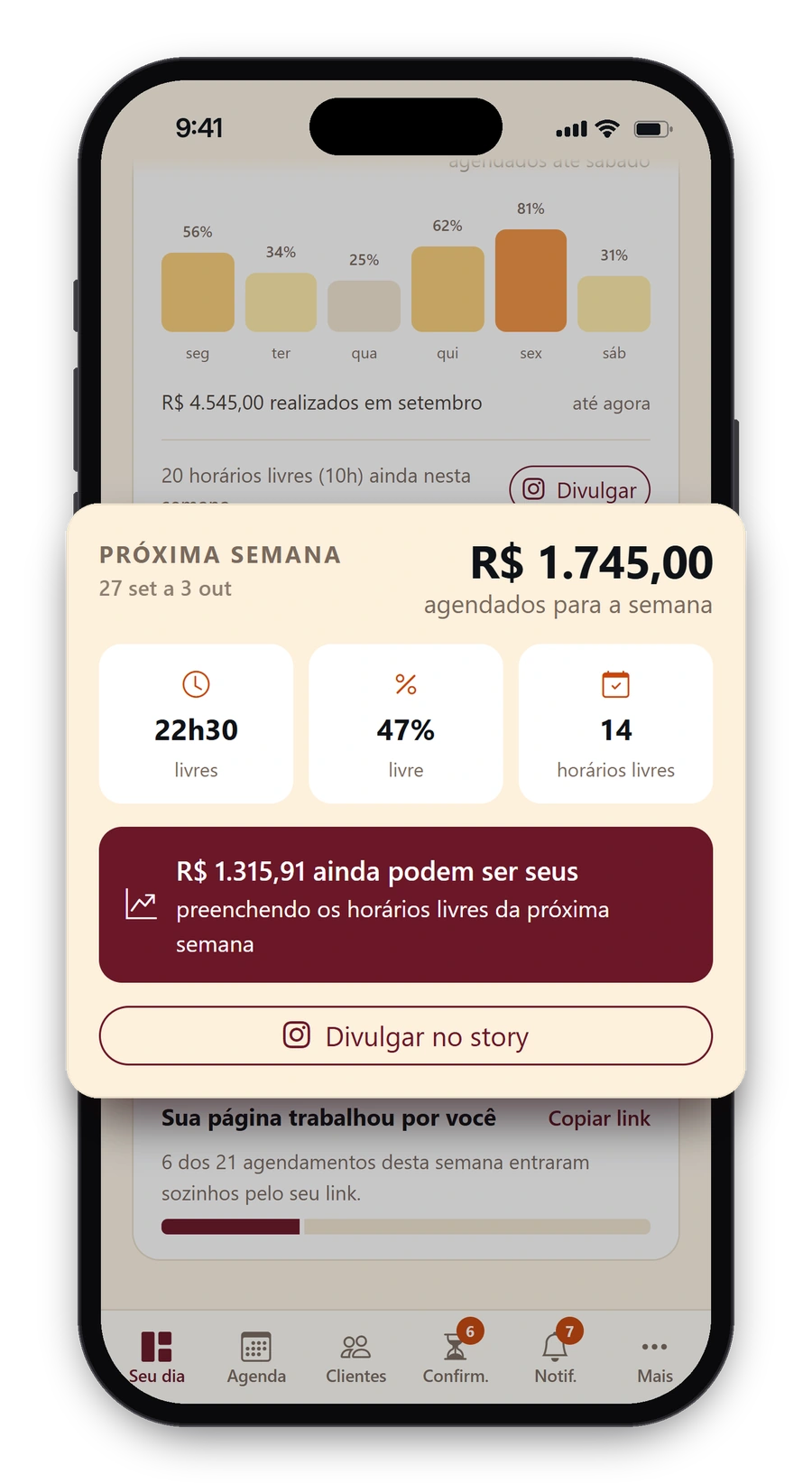 Painel da Use Carmen mostrando quanto está agendado na próxima semana e quanto ainda pode entrar