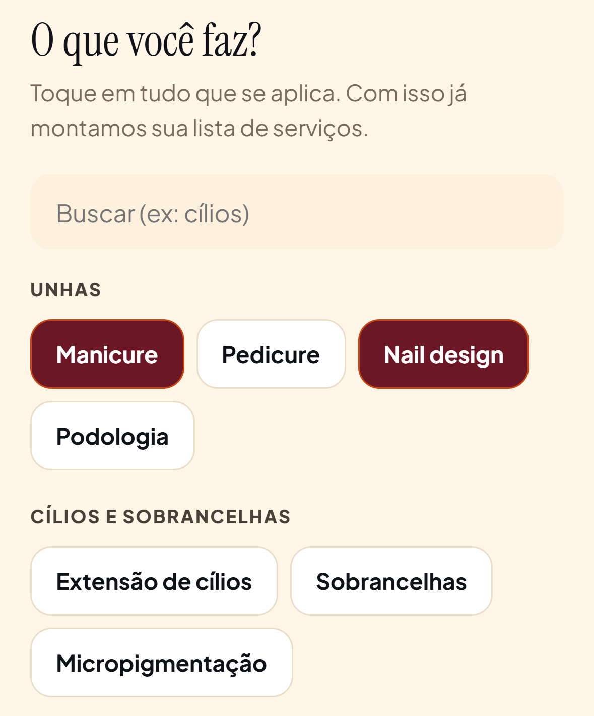 Tela do onboarding com as áreas de atuação para marcar