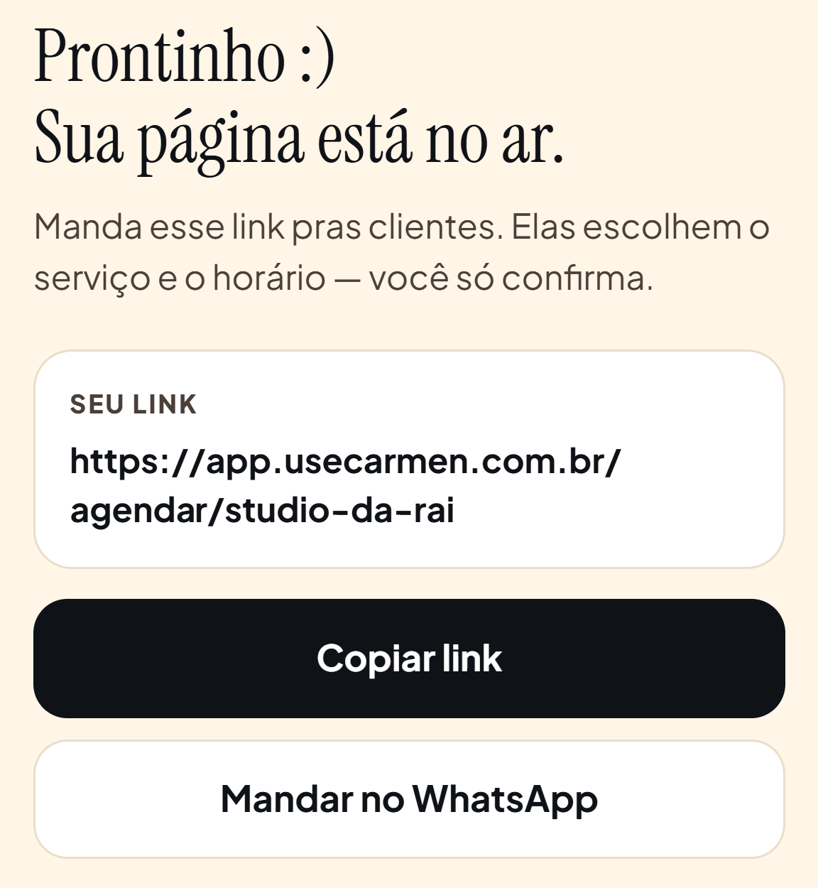 Endereço da página de agendamento app.usecarmen.com.br/agendar/nome-do-negocio com o botão de copiar