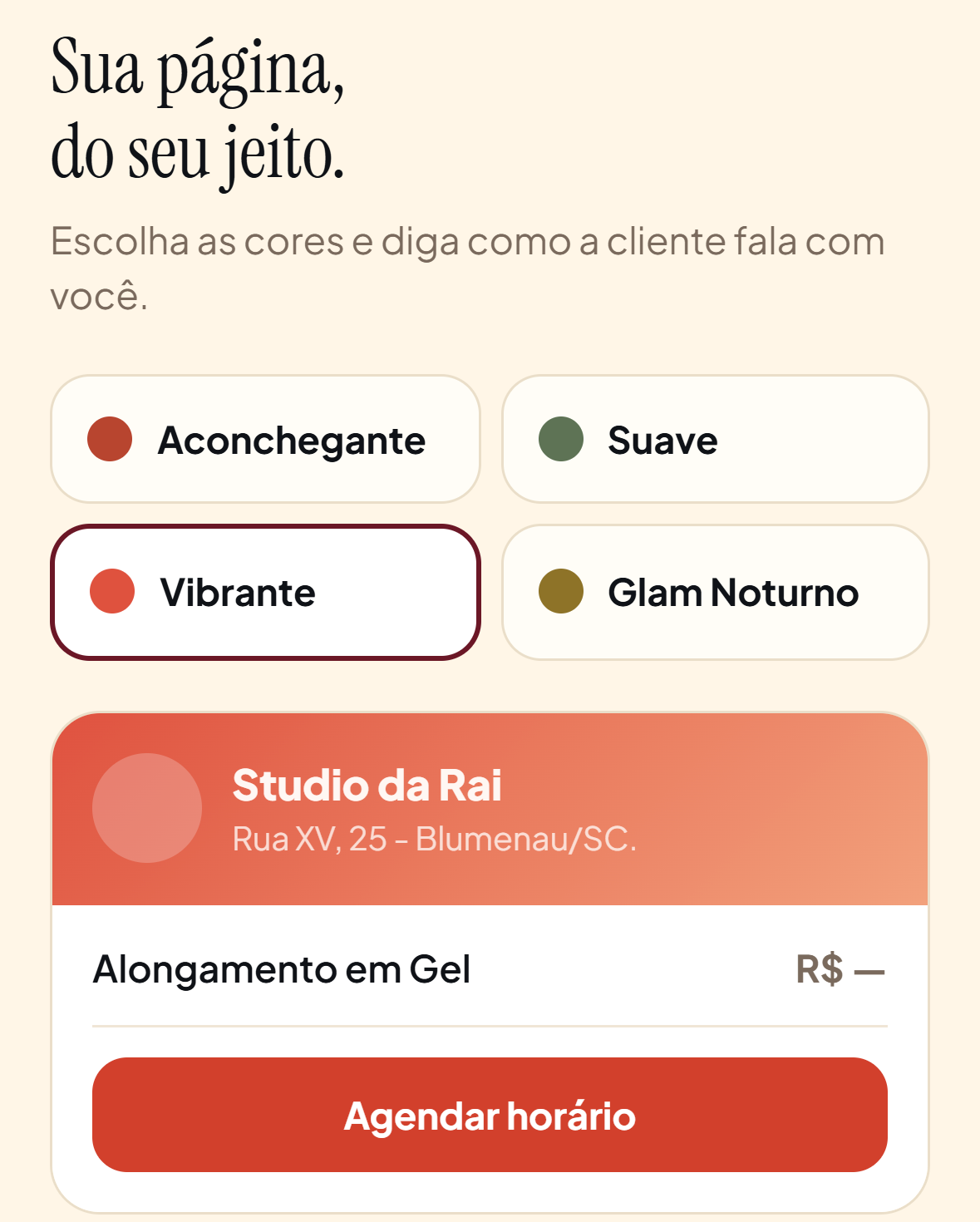 Tela de escolha de tema com a pré-visualização da página ao lado