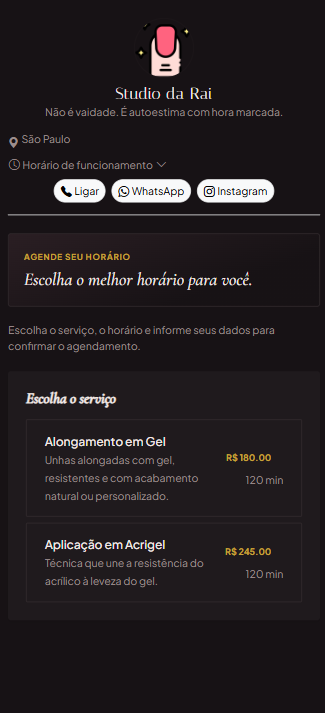 Tema Glam Noturno da página pública de agendamento